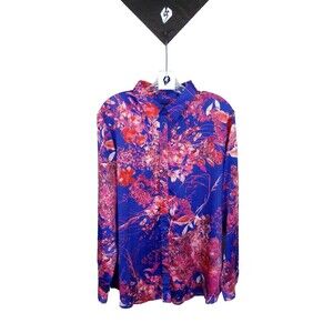 Banana Republic Women's Blue Pink Floral Print Collard Button Close Top Size XL